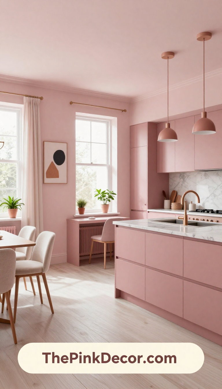 Modern pink kitchen design with functional layout Complete modern pink kitchen with island, open shelving, and decorative accessories