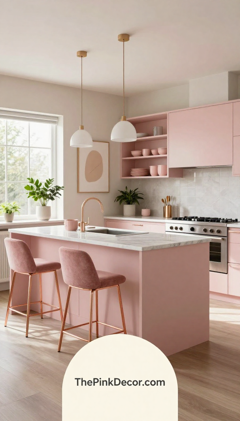Modern pink kitchen with pink cabinetry, brass hardware, and marble surfaces for pink kitchen design inspiration. Complete pink kitchen with pink cabinets, brass hardware, and marble countertops in a modern home