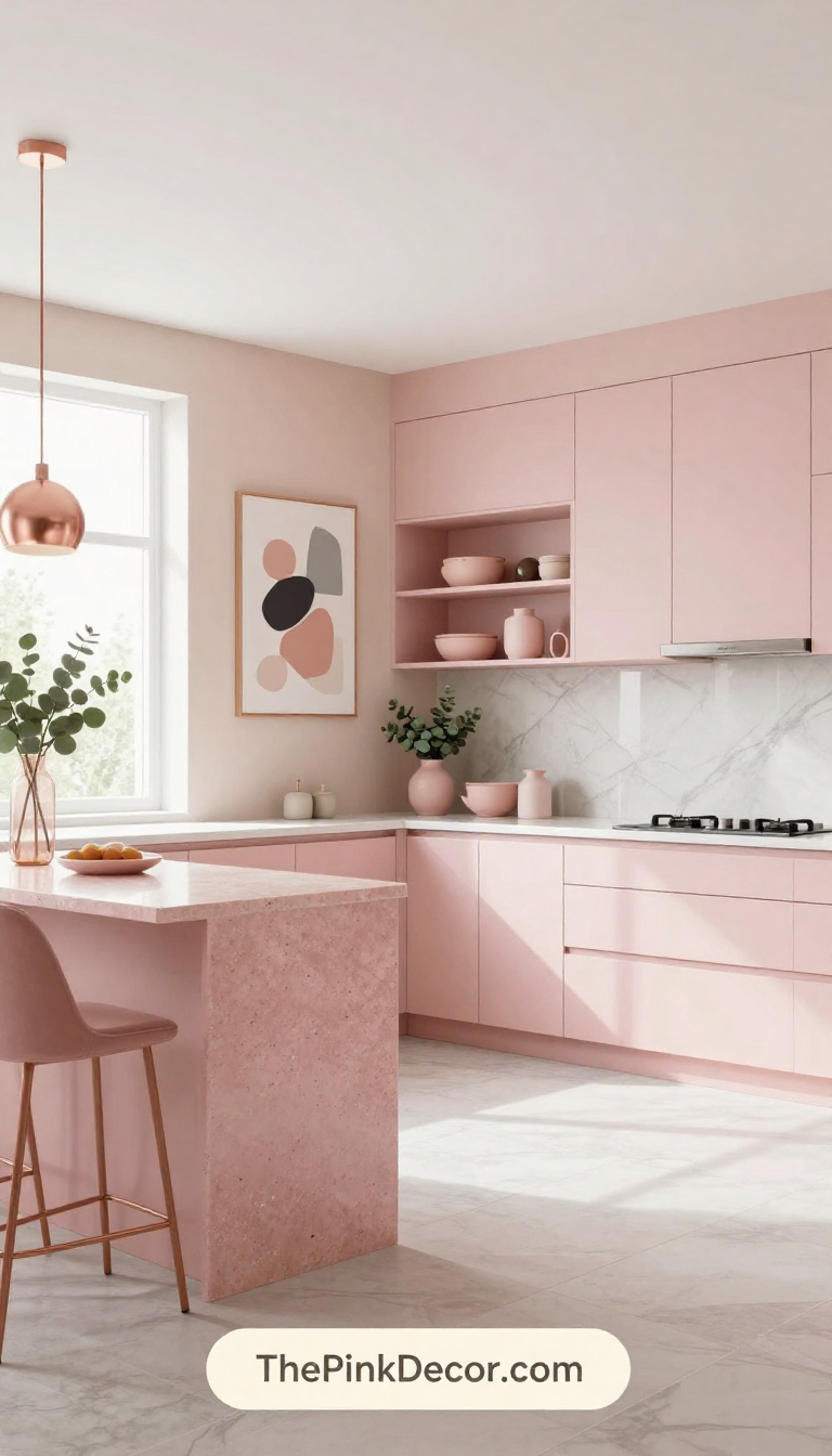 Pink Kitchen Design Inspiration Complete View - Modern Home Decor Complete modern pink kitchen with island, open shelving, and brass fixtures