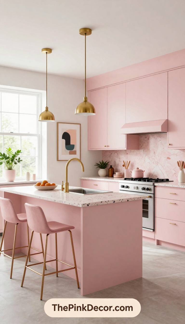 Stylish pink and brass kitchen with marble countertops