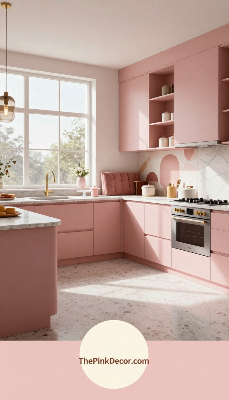 pink kitchen design inspiration ideas and inspiration for modern homes - Complete View Complete Kitchen with pink decor elements including cabinets, island, and lighting