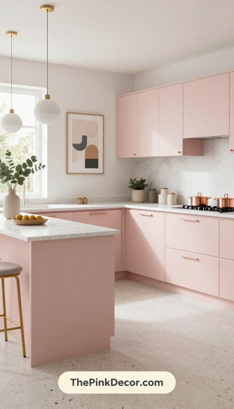 pink pink kitchen design inspiration ideas and inspiration for modern homes - Complete View Complete Kitchen with pink decor elements including cabinets, island, and accessories