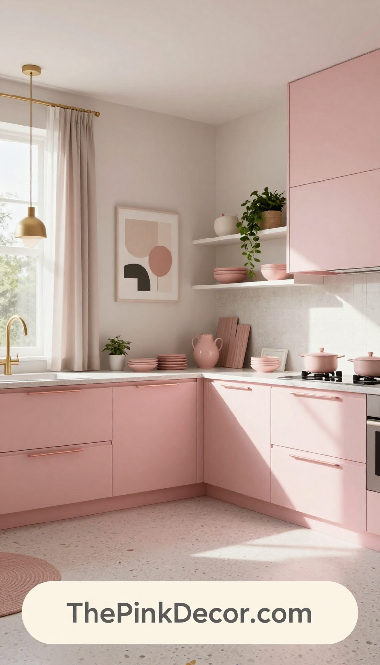 Pink Kitchen with Modern Appliances Pink Kitchen with Marble Countertops and Brass Fixtures