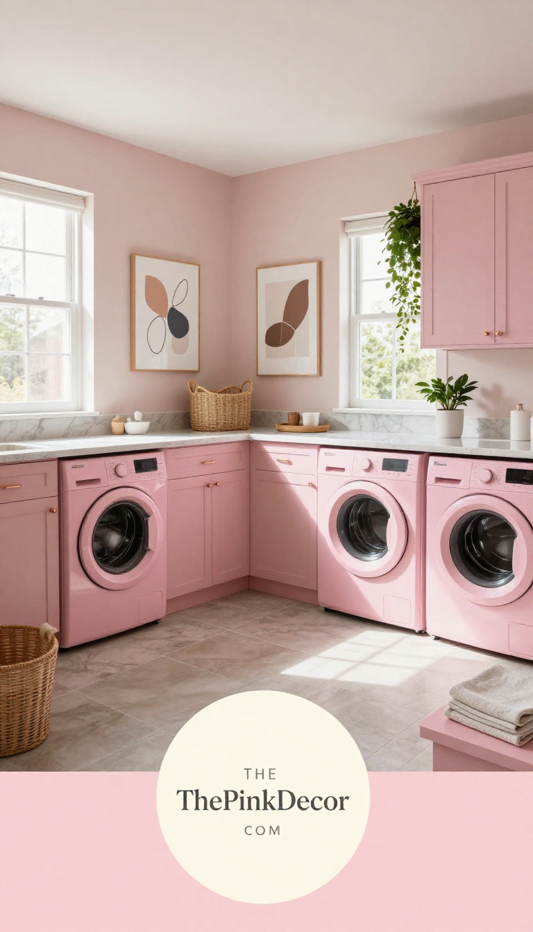 Pink Laundry Room Design with Cabinetry and Marble Complete laundry room with blush pink cabinets, white marble countertops, and gold hardware