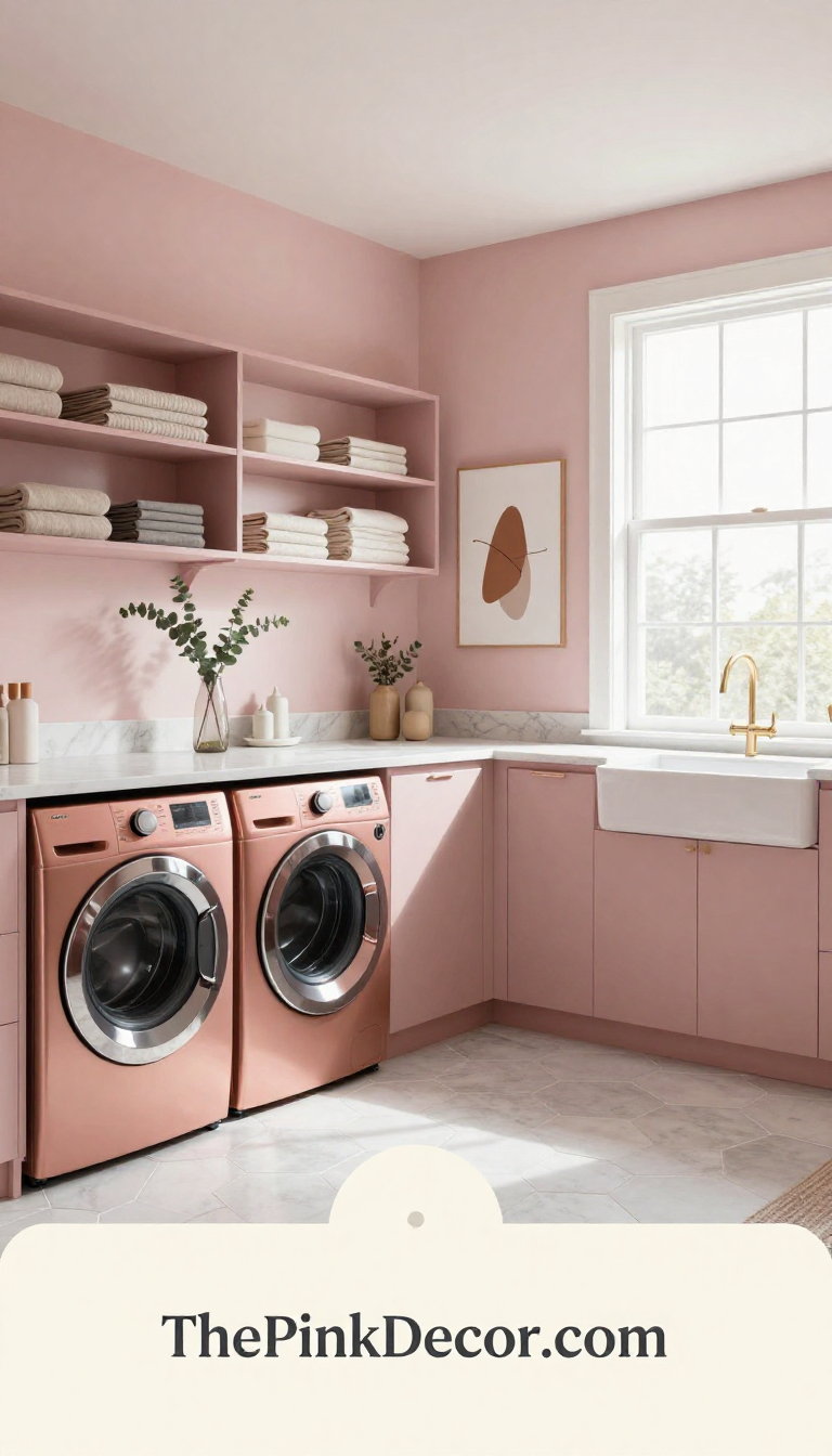 Complete laundry room with pink cabinets, gold hardware, and marble countertops