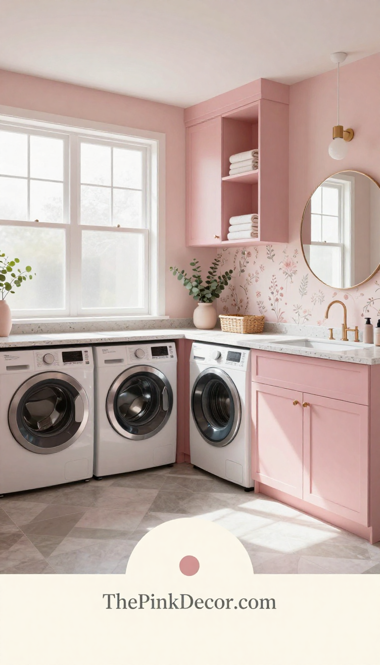 A complete, organized laundry room with pink cabinets, gold hardware, and ample storage solutions for a functional and stylish space.