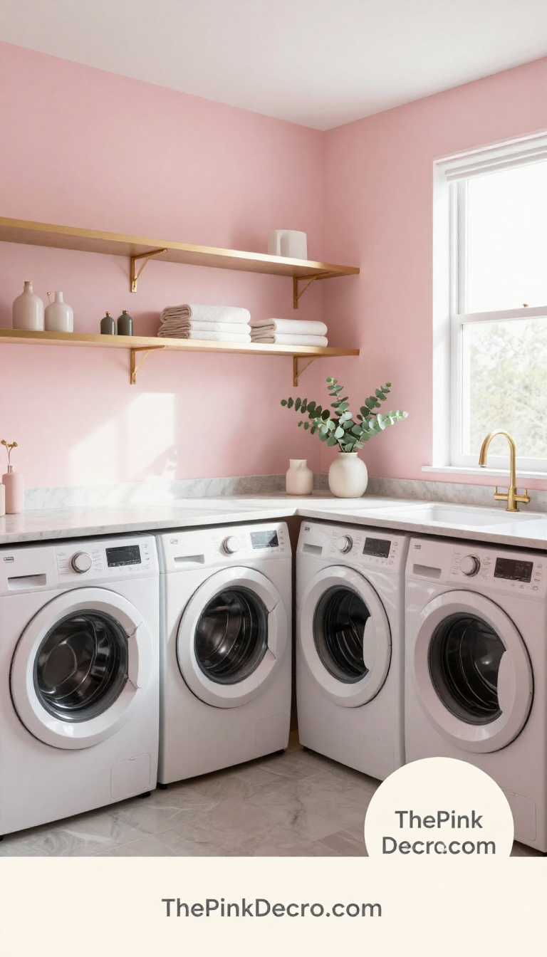 Complete laundry room with pink decor elements including cabinets, baskets, and accessories