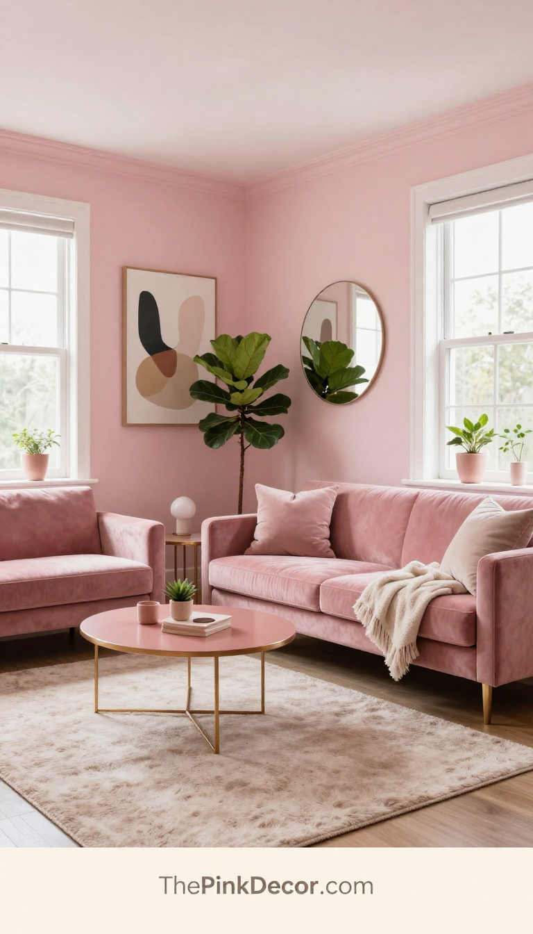 pink living room decor ideas ideas and inspiration for modern homes - Complete View Complete Living Room with pink decor elements including blush sofa, gold coffee table, and pink artwork