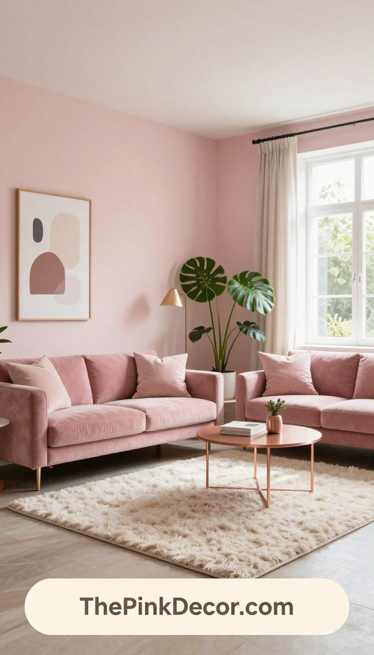 Complete pink living room interior with velvet sofa, gold decor, and lush green plants