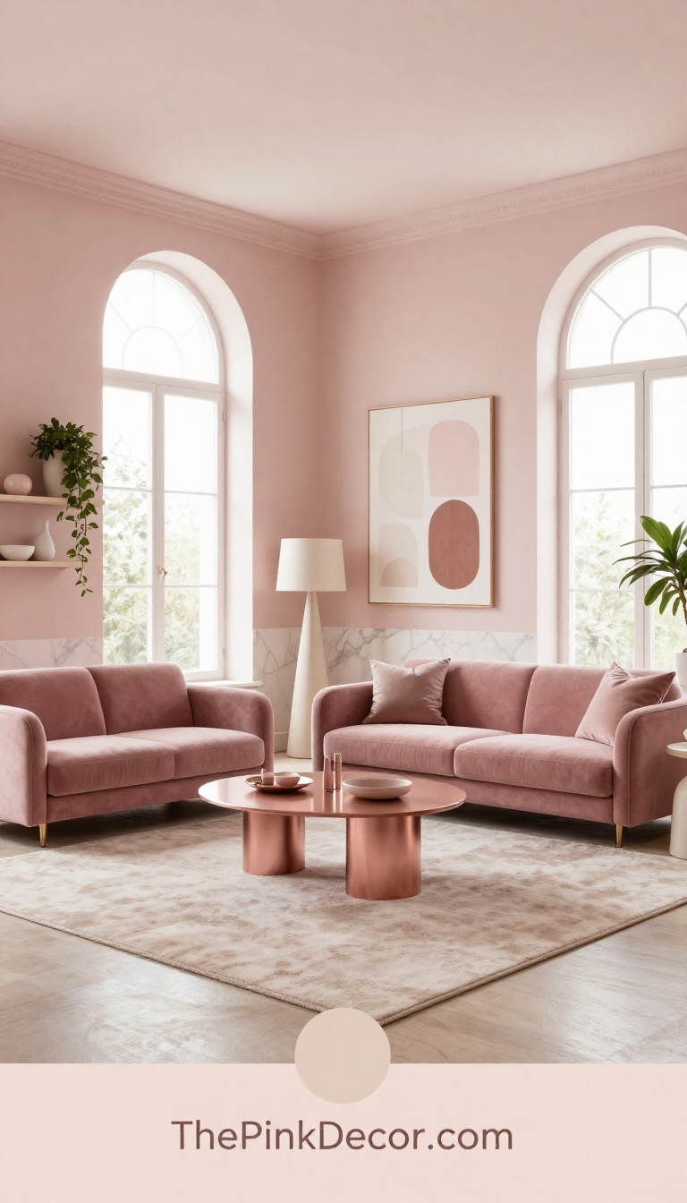 Complete Living Room with pink decor elements including sofa, rug, and artwork