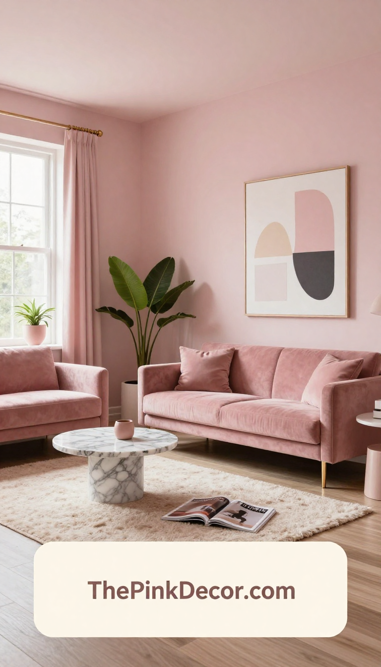 Pink Living Room Decor Ideas Implementation - Complete View Complete Living Room with pink decor elements including furniture, rug, and accessories