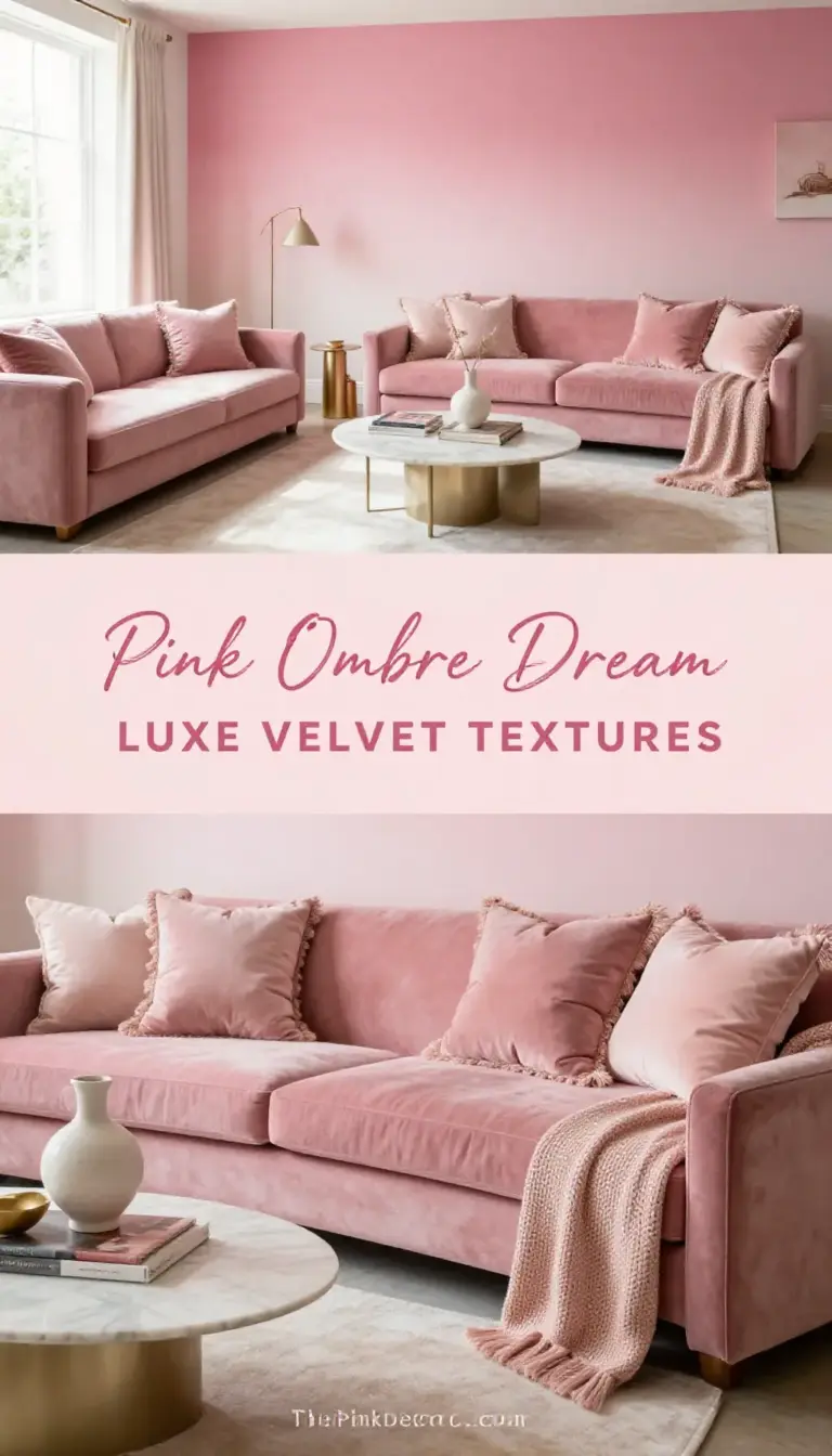 Pink Ombre Accent Wall with Velvet Furniture - Living Room - The Pink Decor