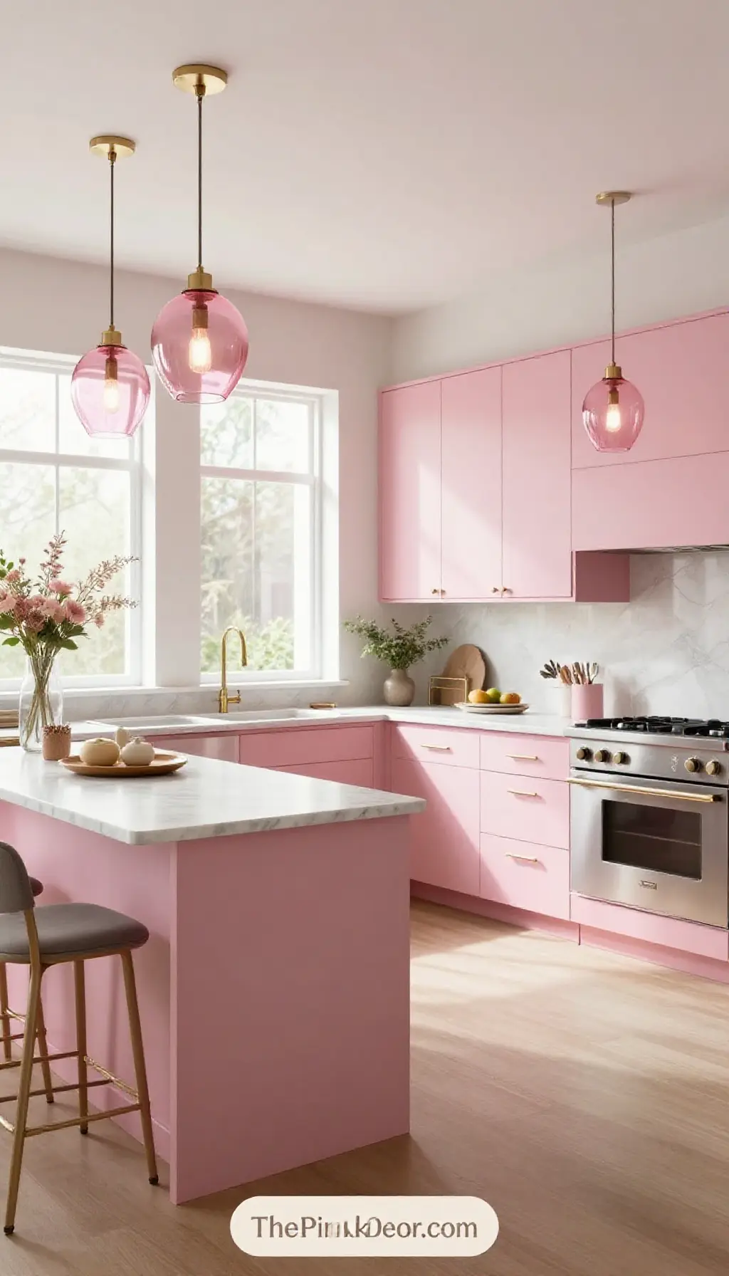 pink smoked glass pendant lights installation for modern kitchen island decor - Complete View Complete Kitchen with pink decor elements