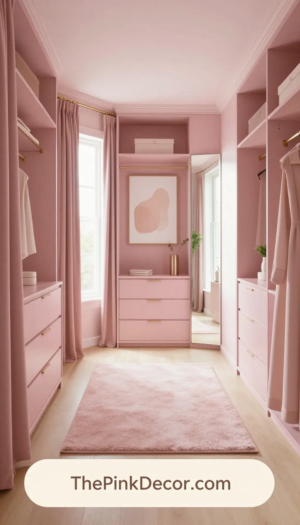 Complete Closet with pink decor elements including blush textiles and rose gold hardware