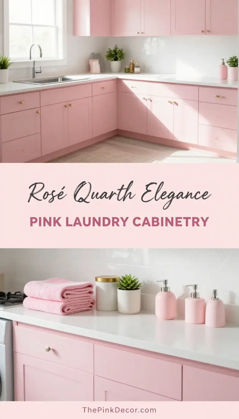 Rosé Quartz Pink Laundry Cabinetry and Hexagon Tiles - Laundry Room - The Pink Decor