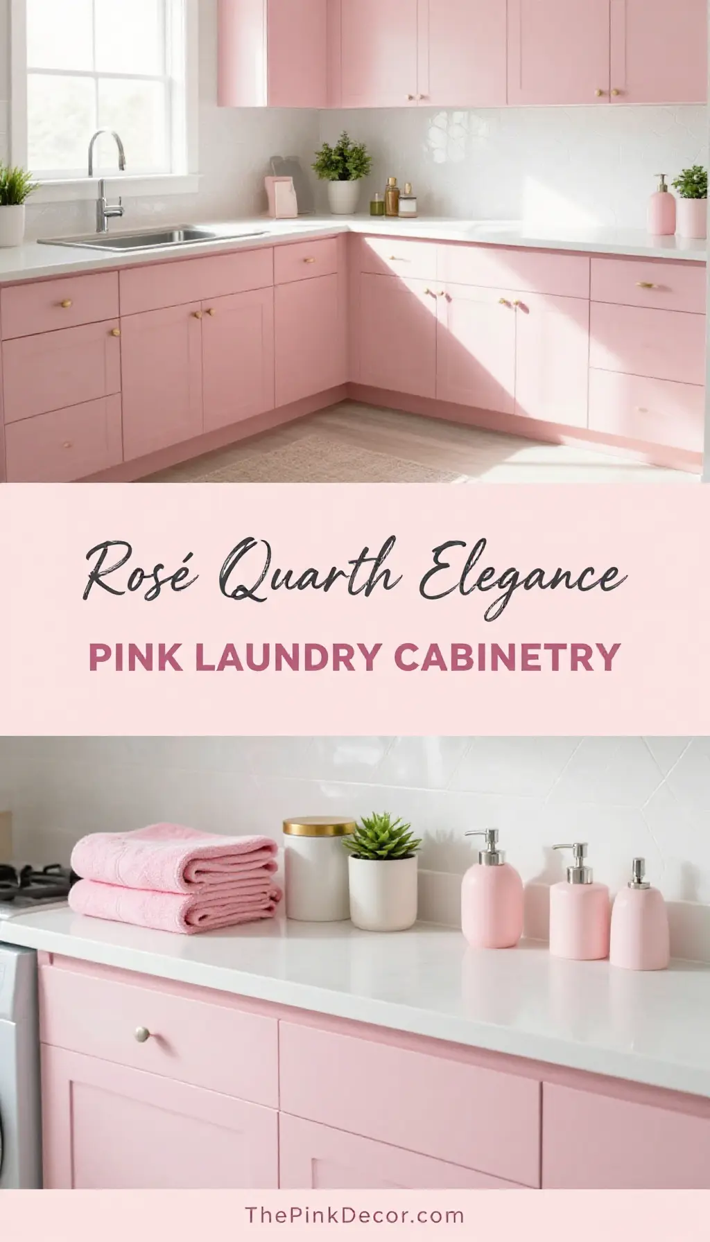 Rosé Quartz Pink Laundry Cabinetry and Hexagon Tiles - Laundry Room - The Pink Decor