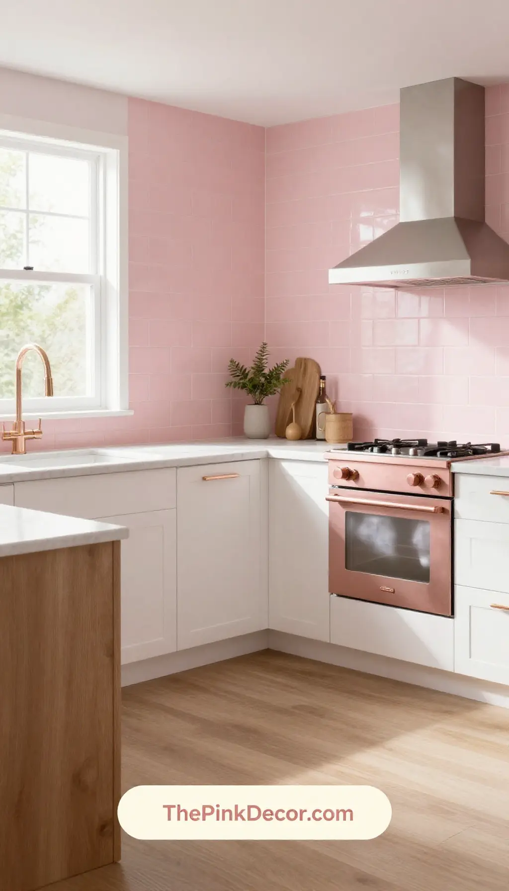 blush pink and rose gold kitchen backsplash tiles for modern interior design - Complete View Complete Kitchen with pink decor elements