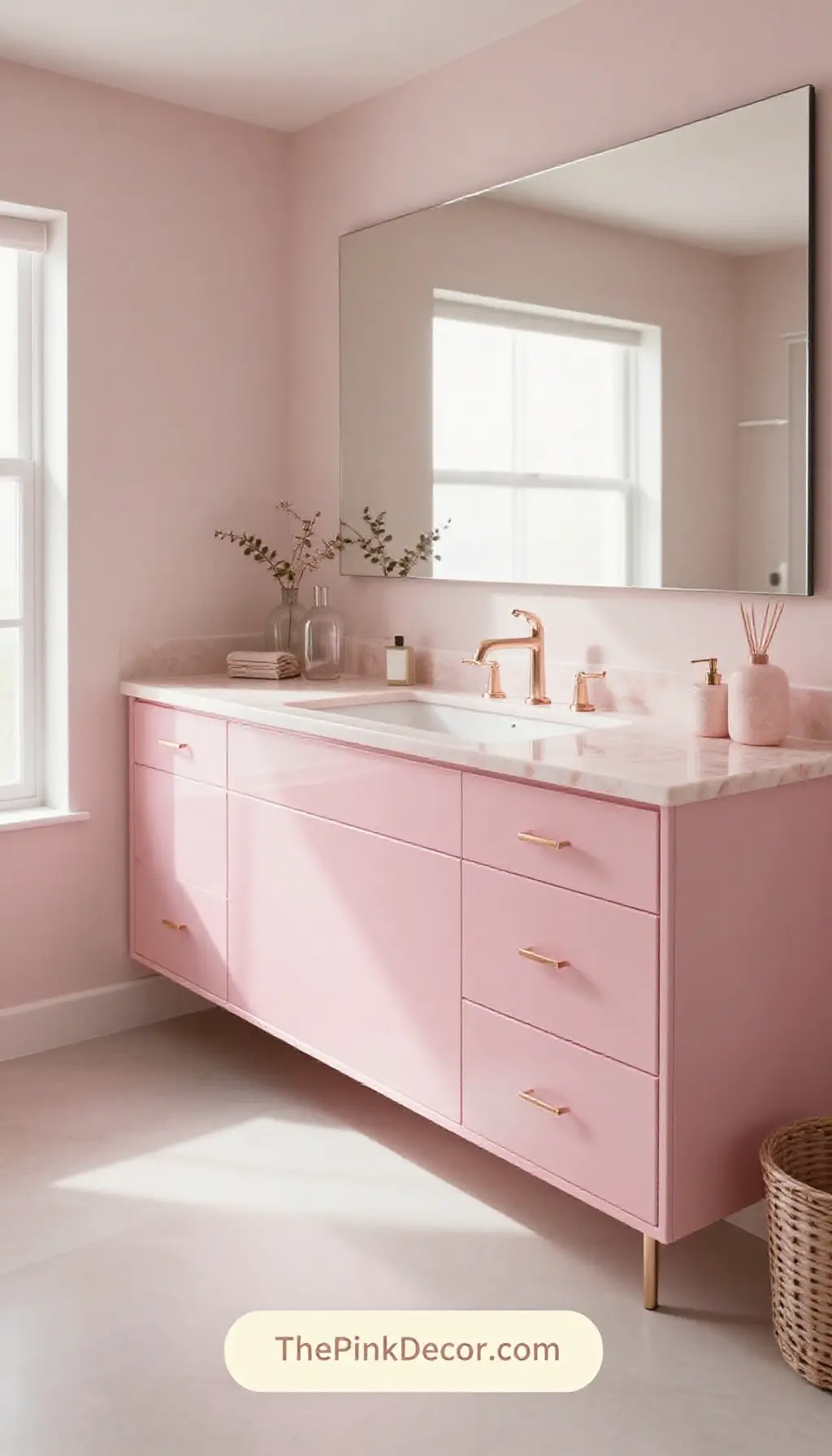 modern rose quartz pink bathroom vanity decor with glossy cabinets and brass fixtures - Complete View Complete Bathroom with pink decor elements