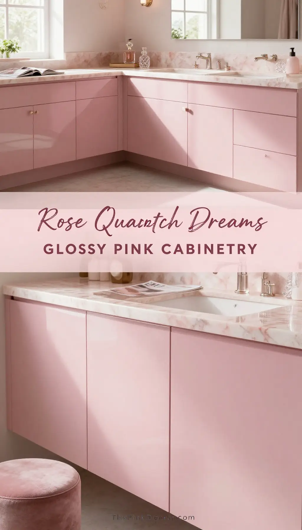 modern rose quartz pink bathroom vanity decor with glossy cabinets and brass fixtures - Featured Design Rose Quartz Inspired Vanity with Glossy Pink Cabinetry - Bathroom - The Pink Decor