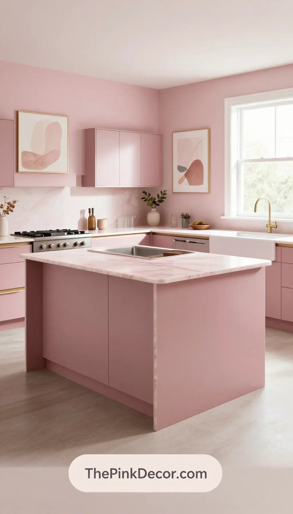 elegant rose quartz kitchen island design ideas for modern pink decor - Complete View Complete Kitchen with pink decor elements