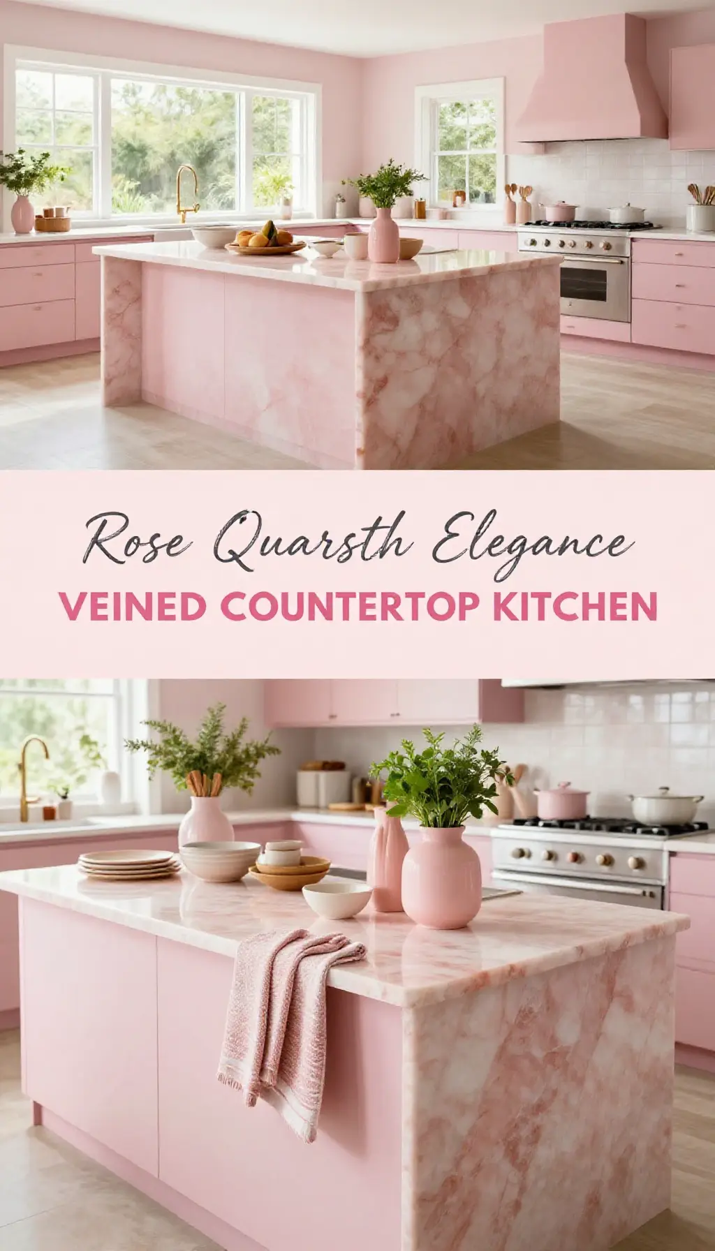 elegant rose quartz kitchen island design ideas for modern pink decor - Featured Design Rose Quartz Kitchen Island with Veined Countertops - Kitchen - The Pink Decor