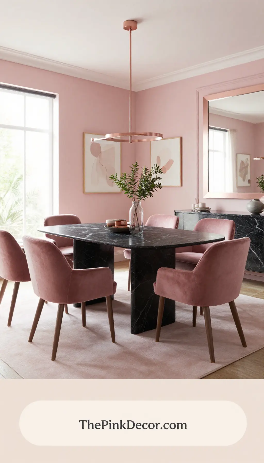 Create a sophisticated blush pink dining room with black marble accents - Complete View Complete Dining Room with pink decor elements