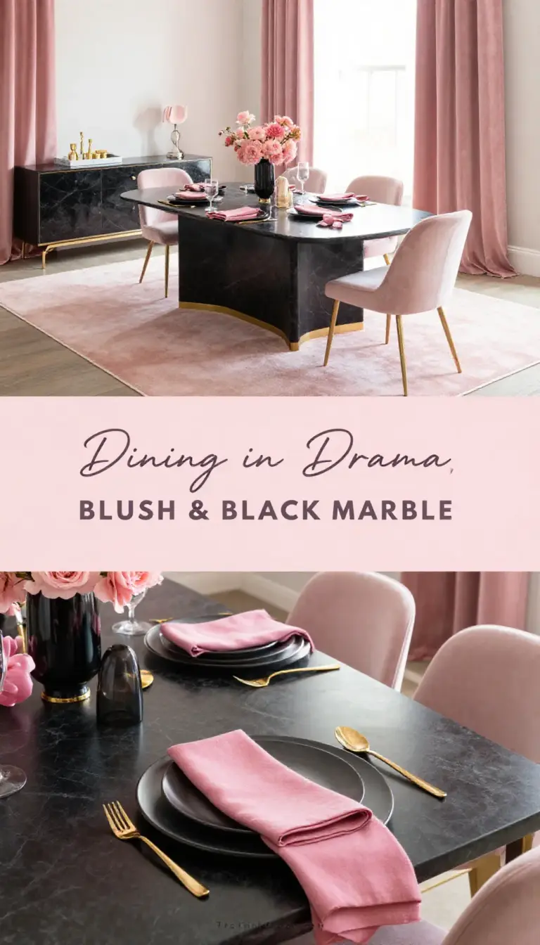 Sophisticated Blush Pink and Black Marble Dining Space - Dining Room - The Pink Decor