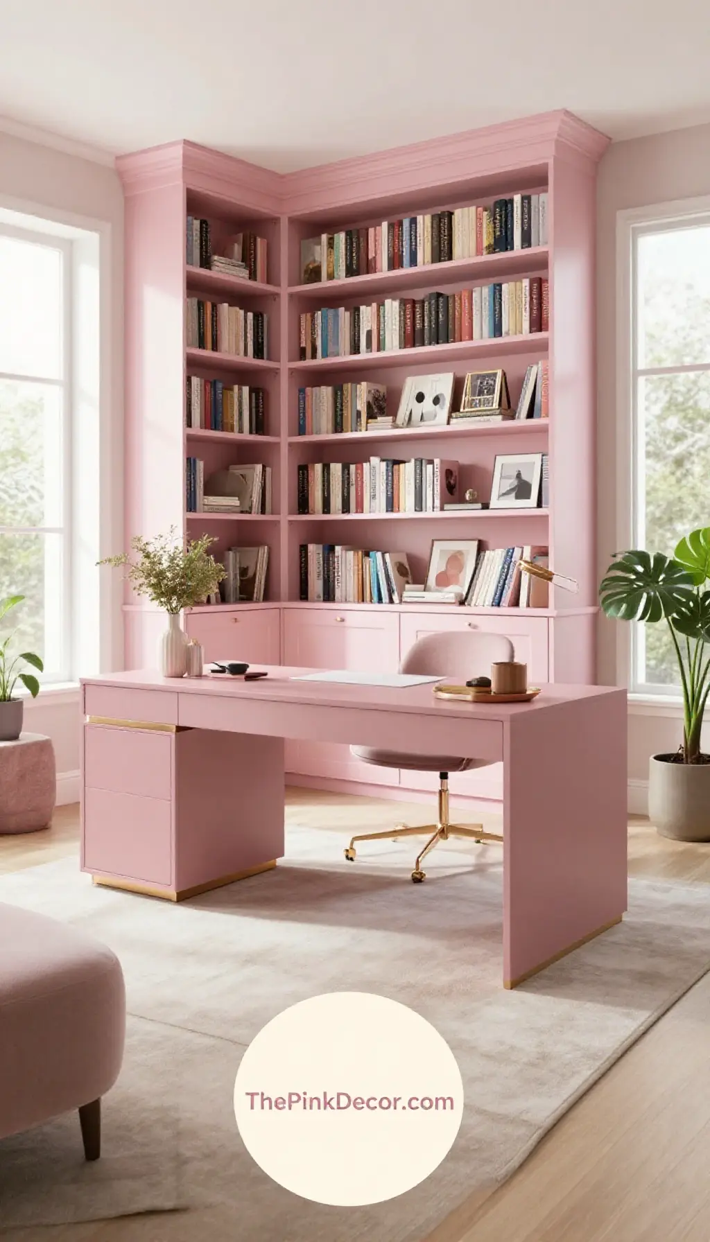 Close up of styled Blush Bookcase with gold hardware and organized books - The Pink Decor