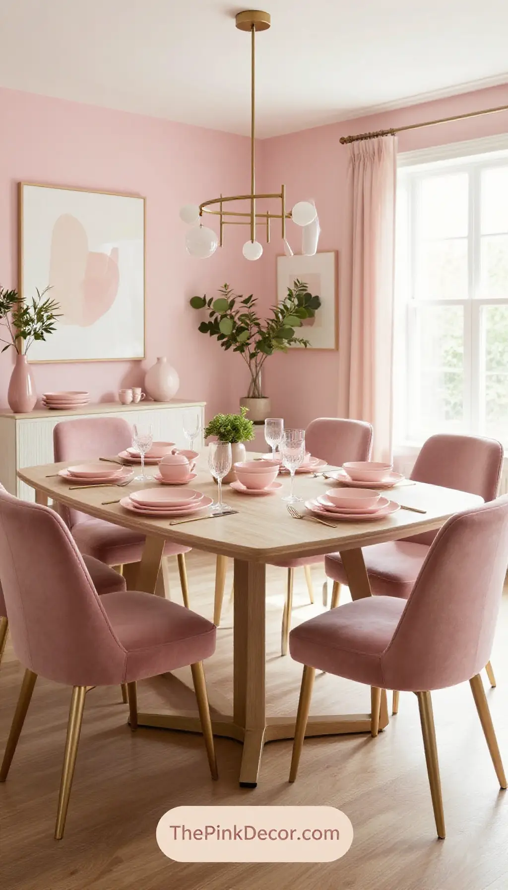 Complete Dining Room with pink decor elements and blush plates