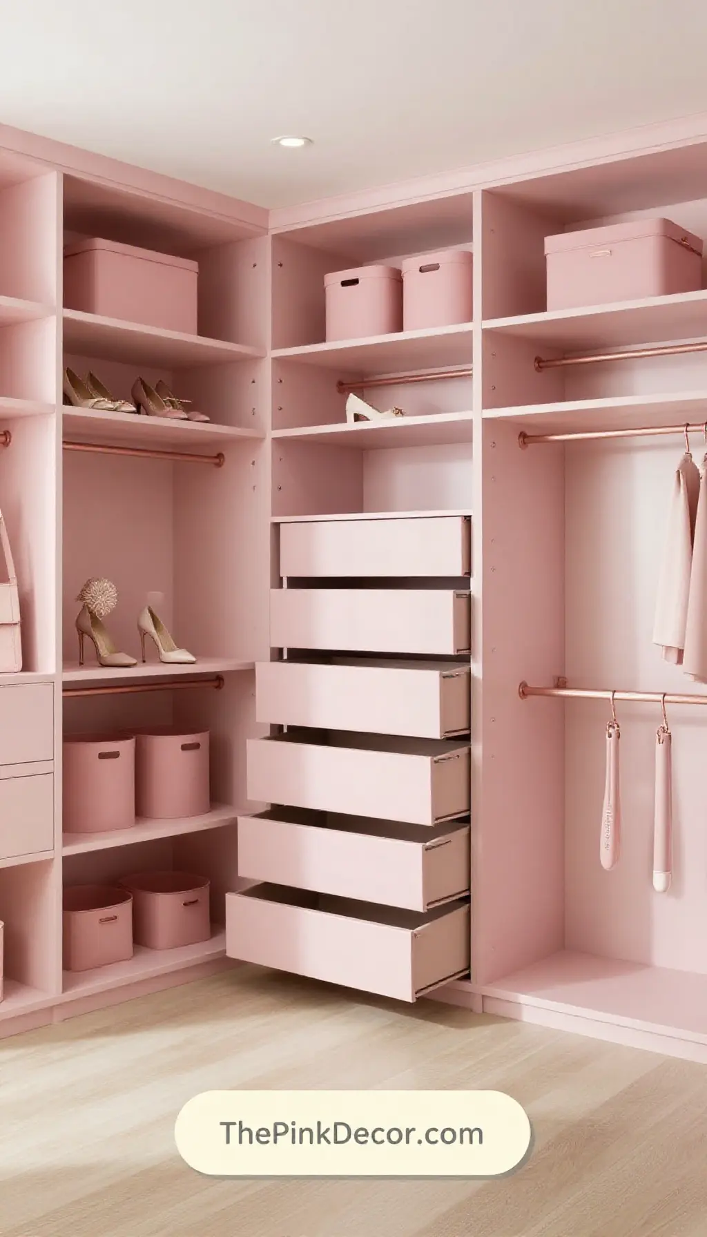 Organized closet drawer with pink dividers and gold accessories
