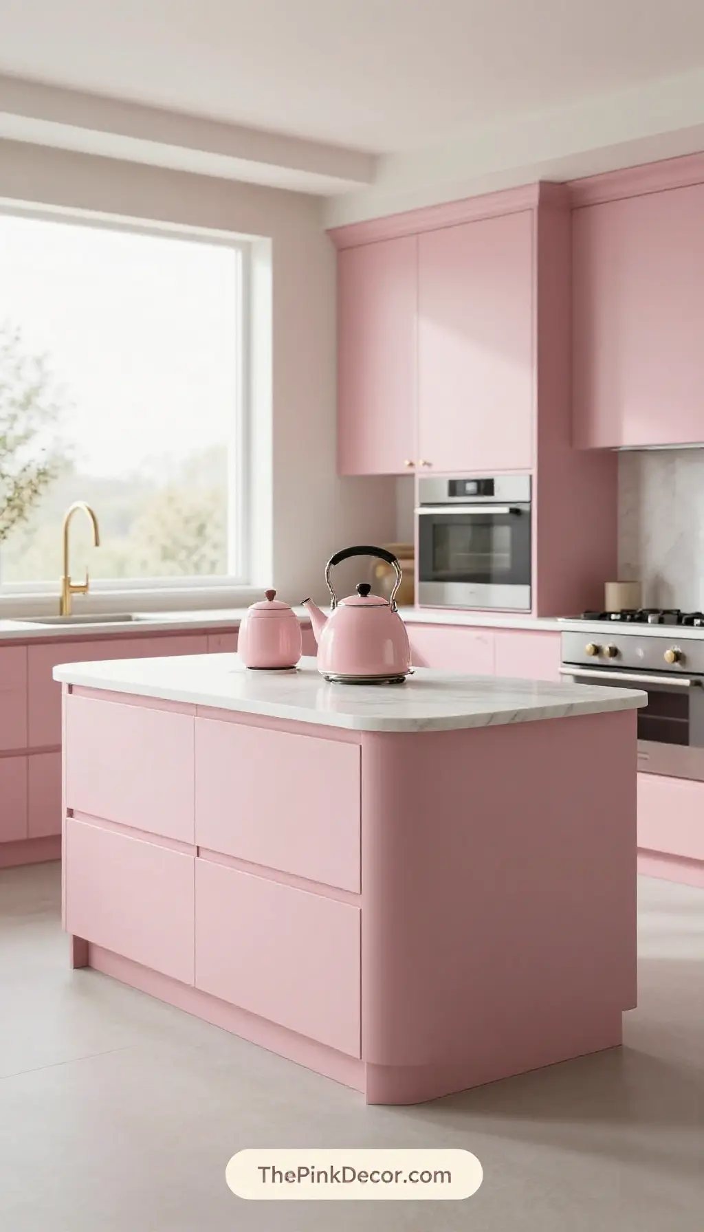 Beautifully styled kitchen with a Blush Pink Tea Kettle and gold accents