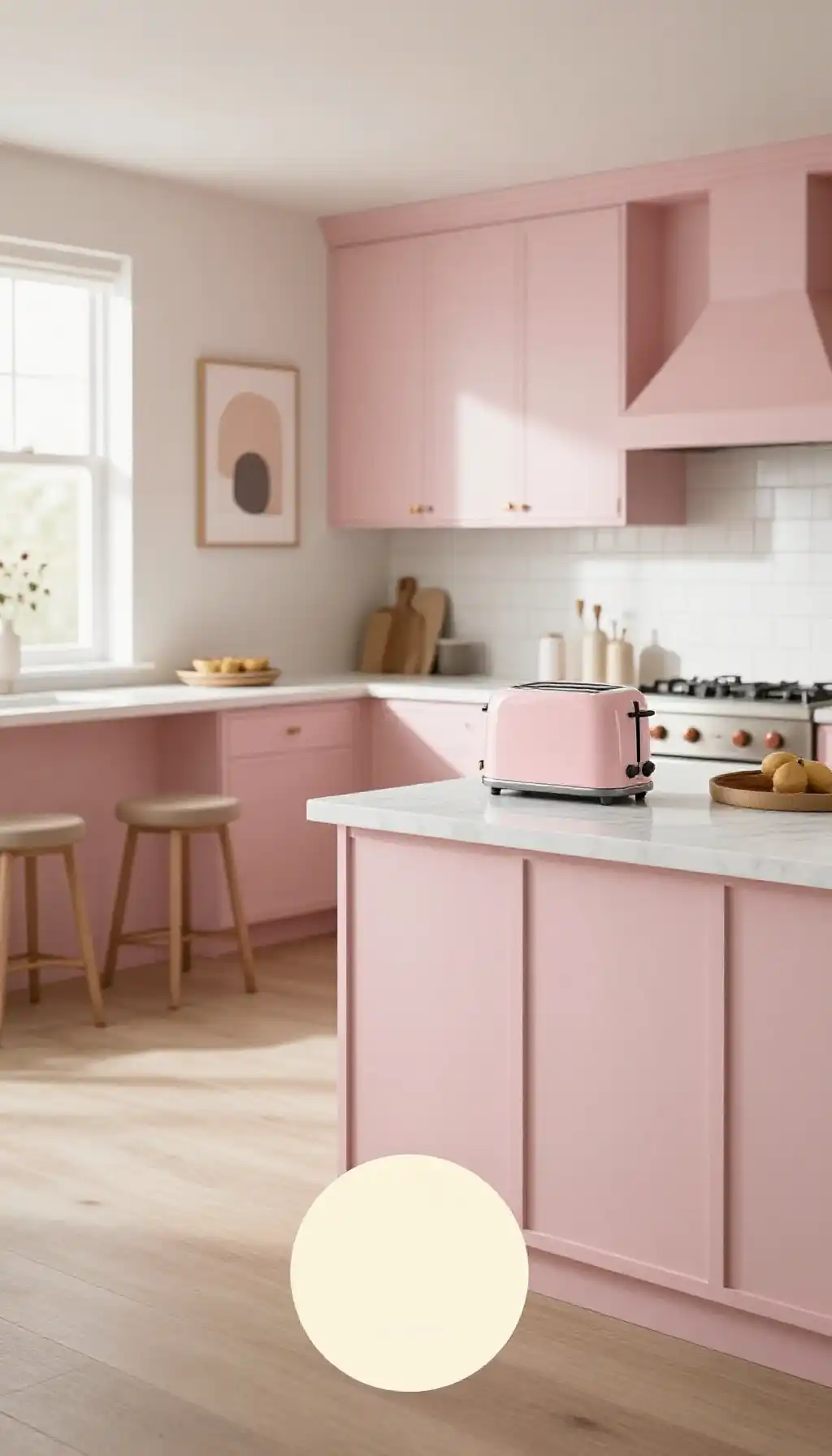 Complete Kitchen makeover featuring a blush pink toaster and matching kettle with gold accents