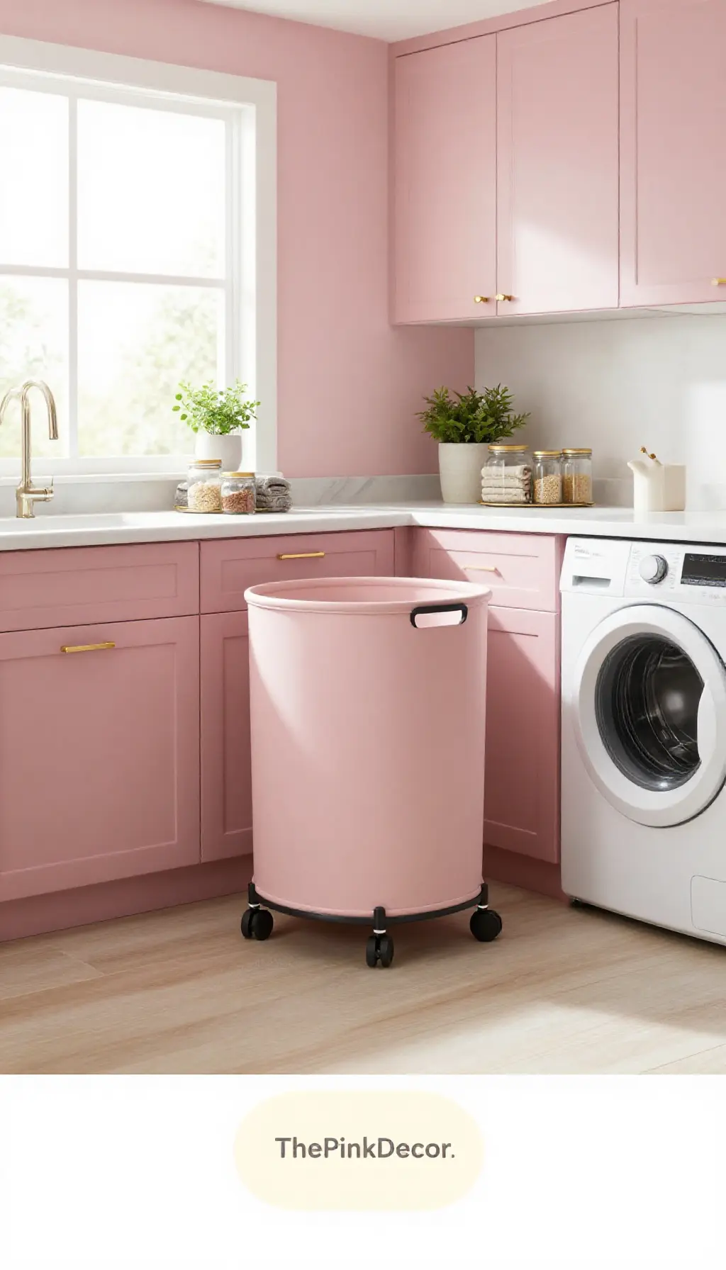 Complete Laundry Room with pink decor elements and rolling hamper