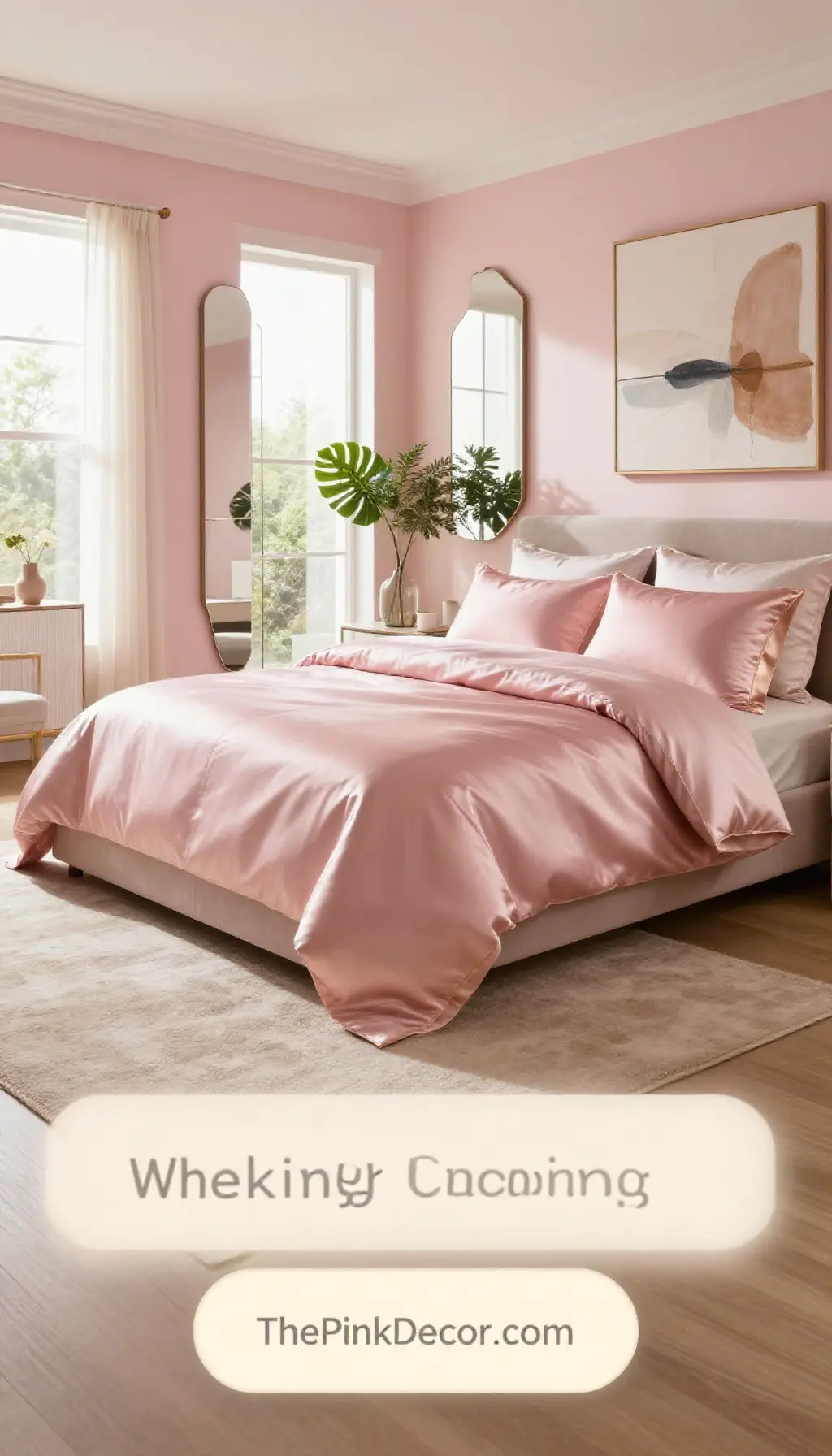 Complete Bedroom with pink decor elements and silk bedding