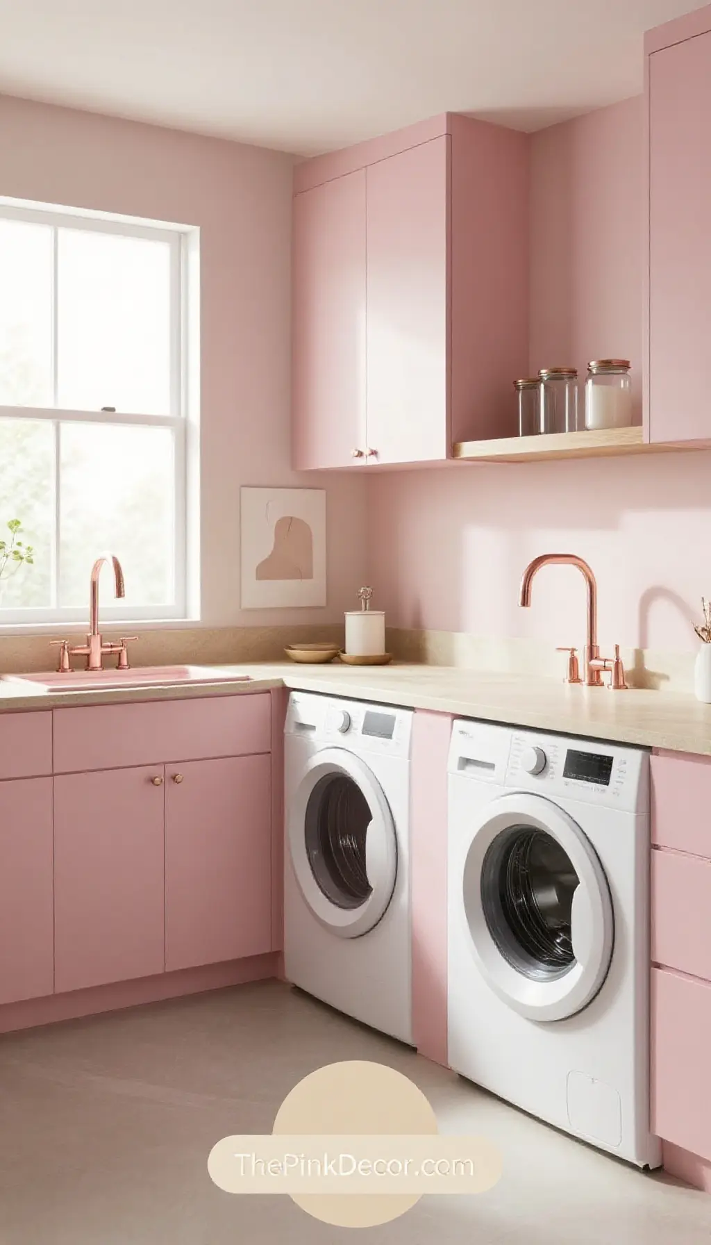 Complete Laundry Room with pink decor elements and a stylish faucet