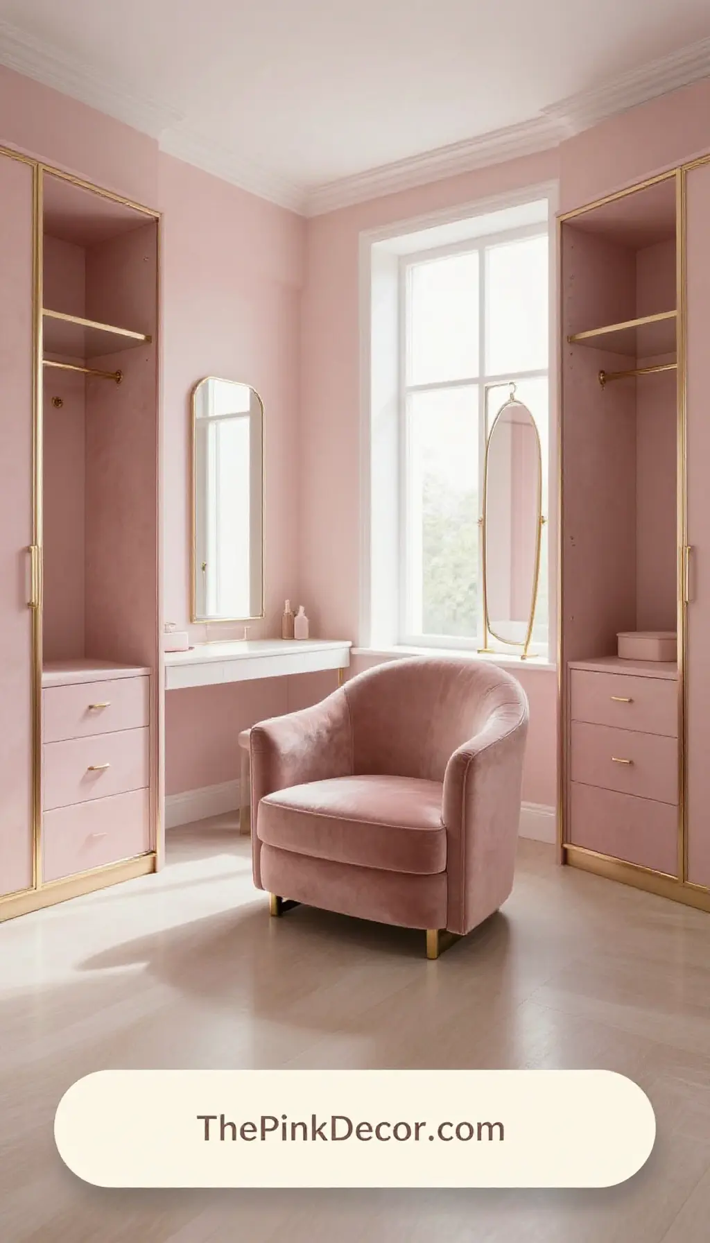 Complete Dressing Room with blush velvet armchair and gold accents
