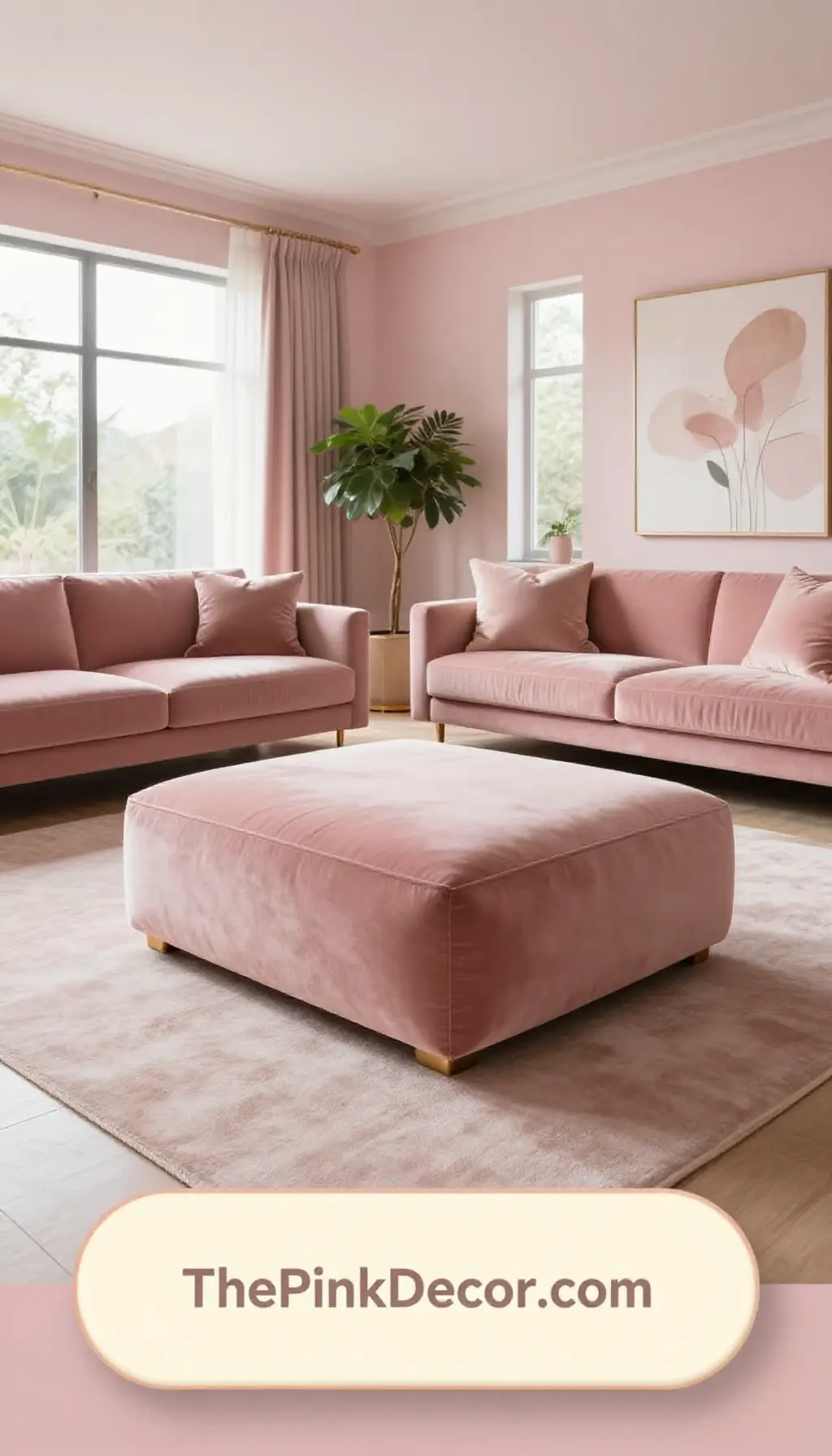 Complete Living Room with pink decor elements and velvet textures