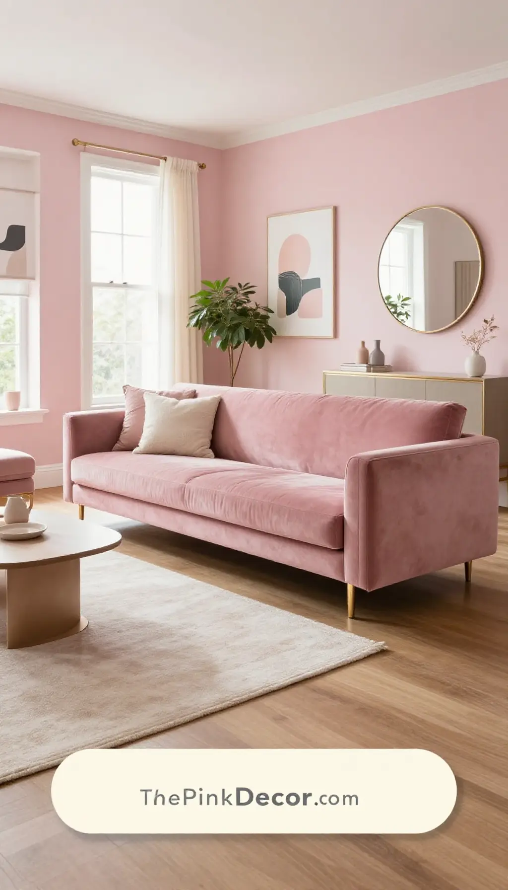 Complete Living Room with pink decor elements including velvet sofa and gold accents