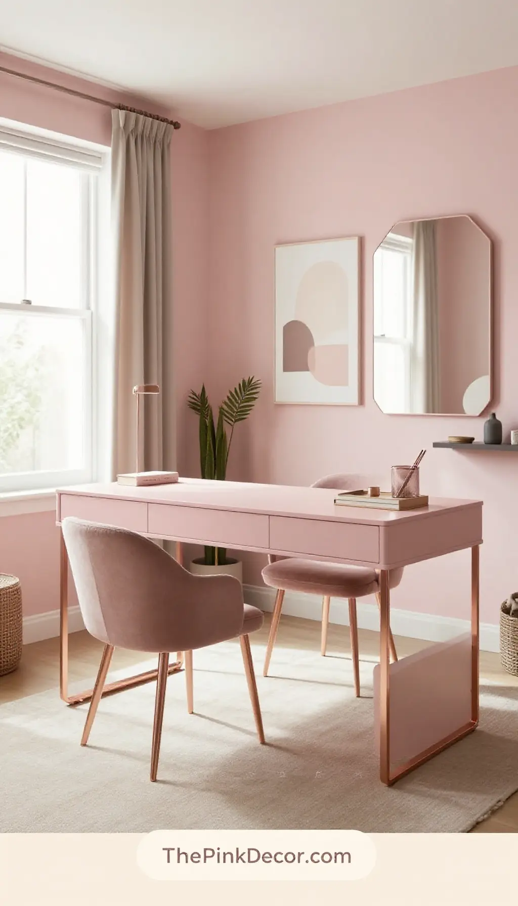 Complete Home Office featuring a Blush Writing Desk, velvet chair, and gold accessories