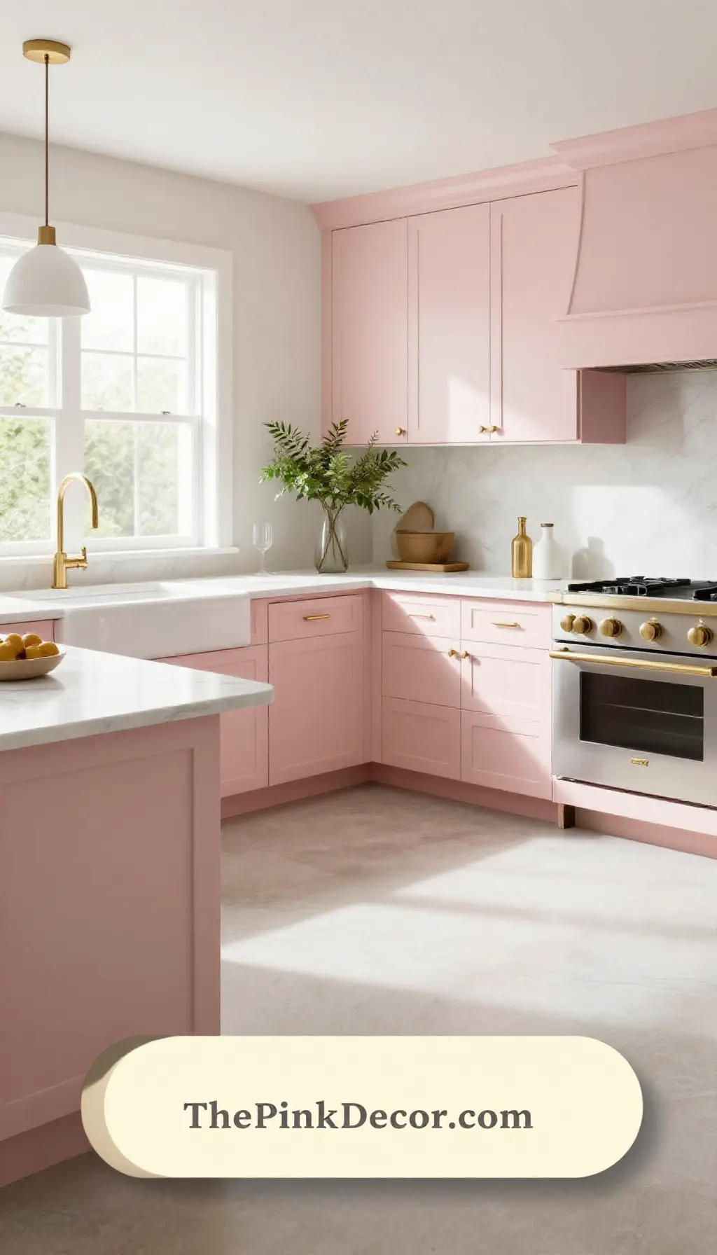 Complete Kitchen makeover with pink cabinets and Brass Cabinet Pulls