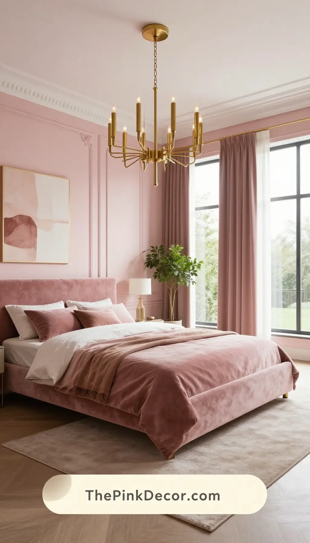 Complete Bedroom with pink decor elements and a Brass Chandelier Ceiling Light