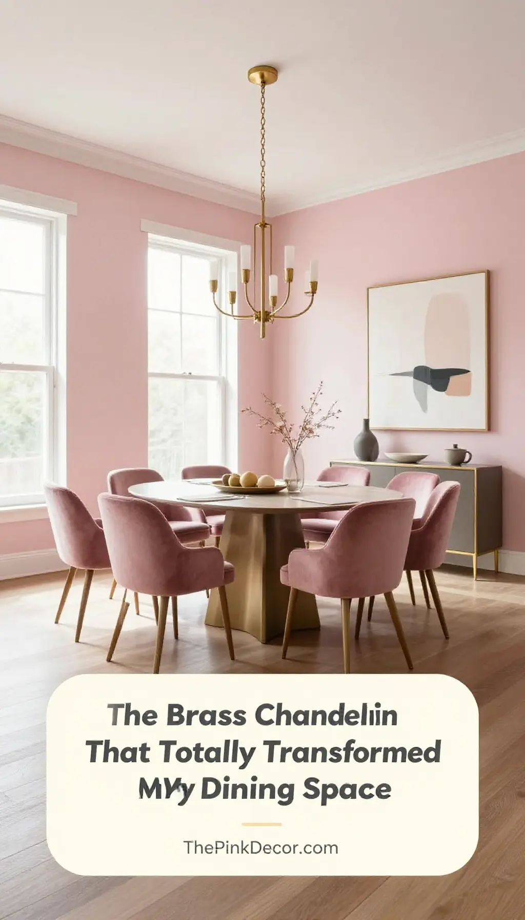 Complete Dining Room with pink decor elements and a brass light fixture