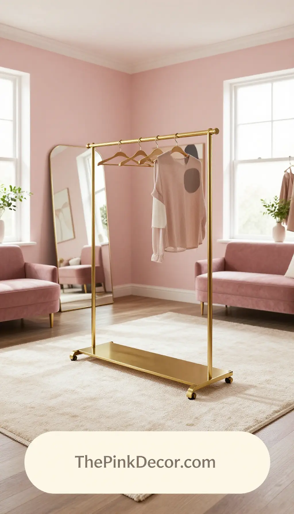 Complete Dressing Room with pink decor elements and a stylish brass clothing rack