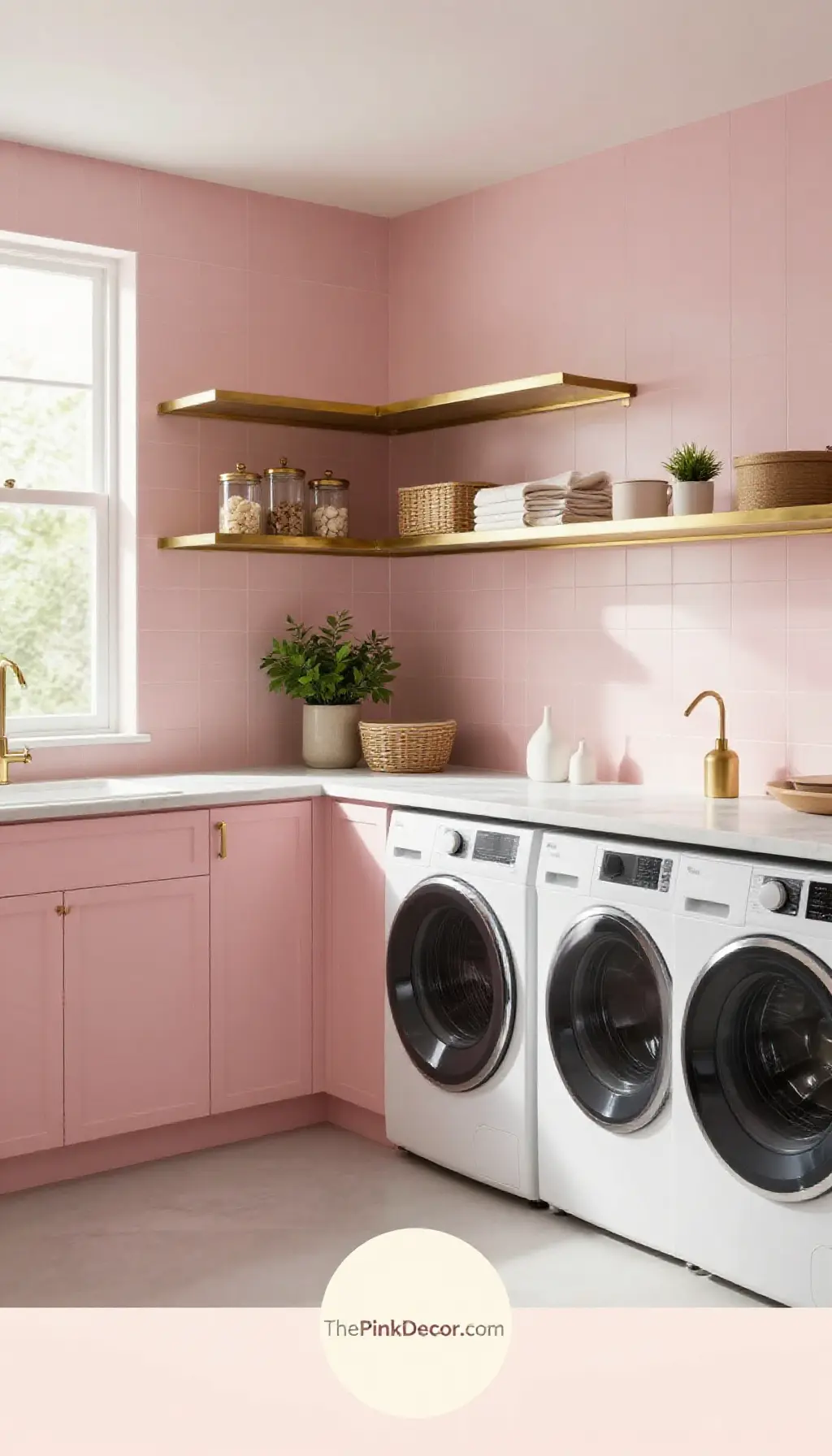 Complete Laundry Room with pink decor elements and Brass Floating Shelves