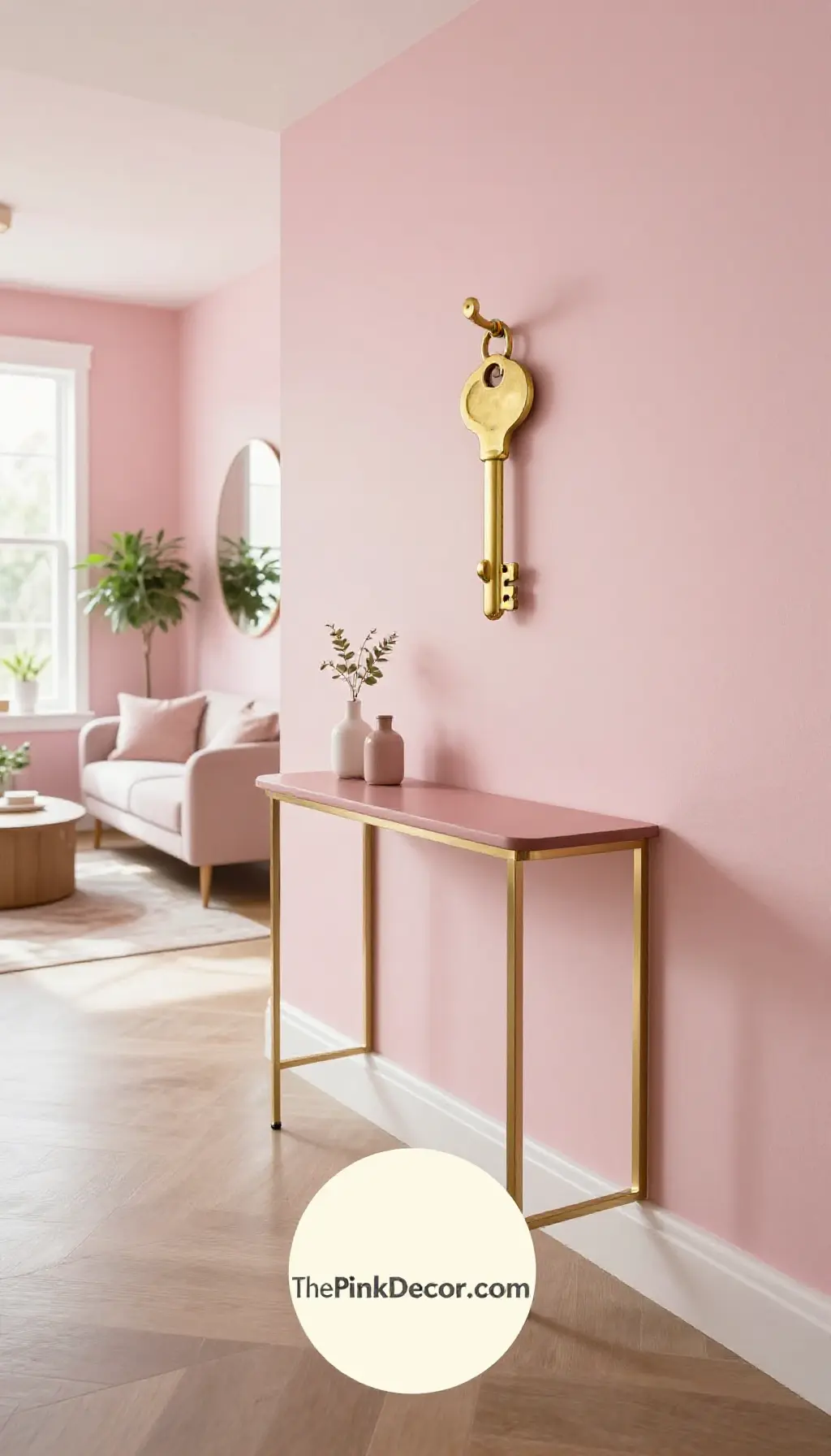 Complete Entryway with pink decor elements and brass hooks