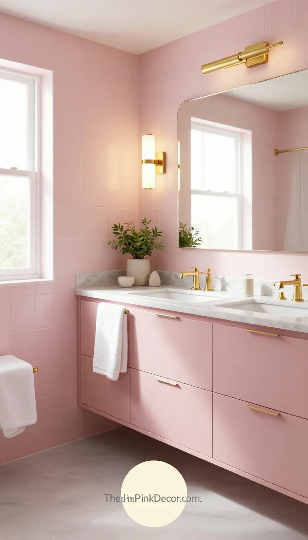 Complete Bathroom with pink tiles and a Brass Wall Sconce