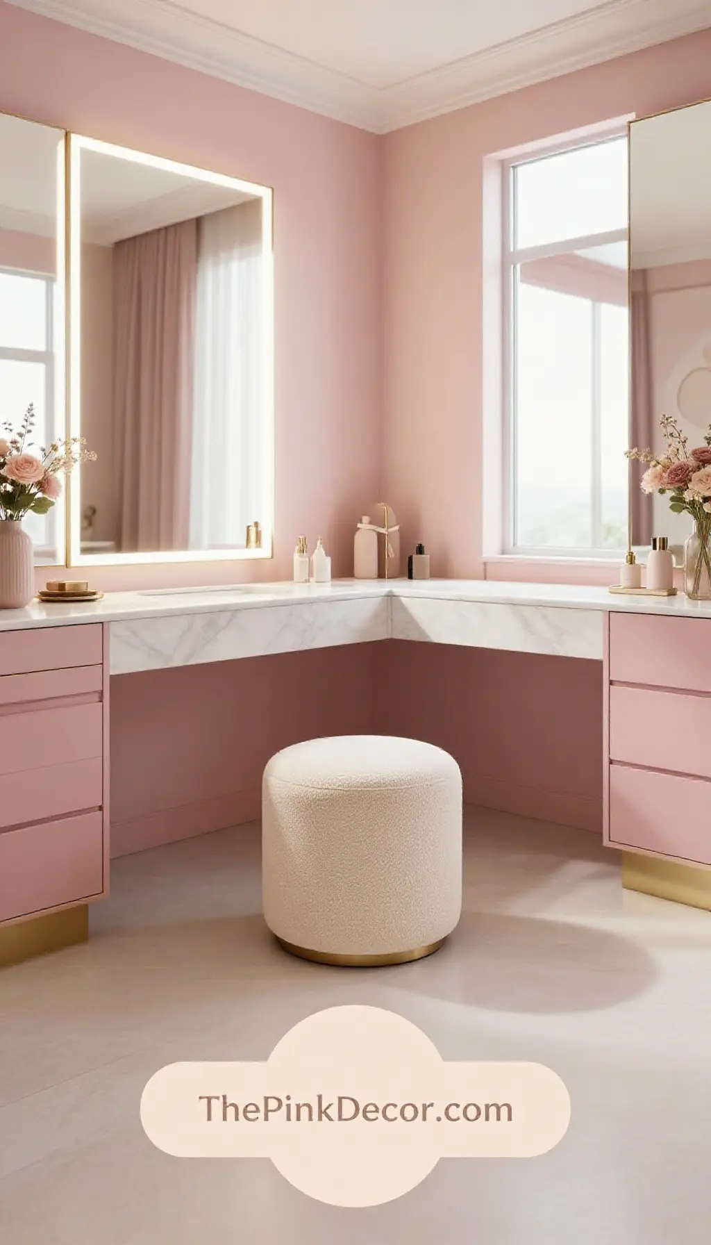 Modern dressing room featuring a Cream Boucle Vanity Stool and gold accents