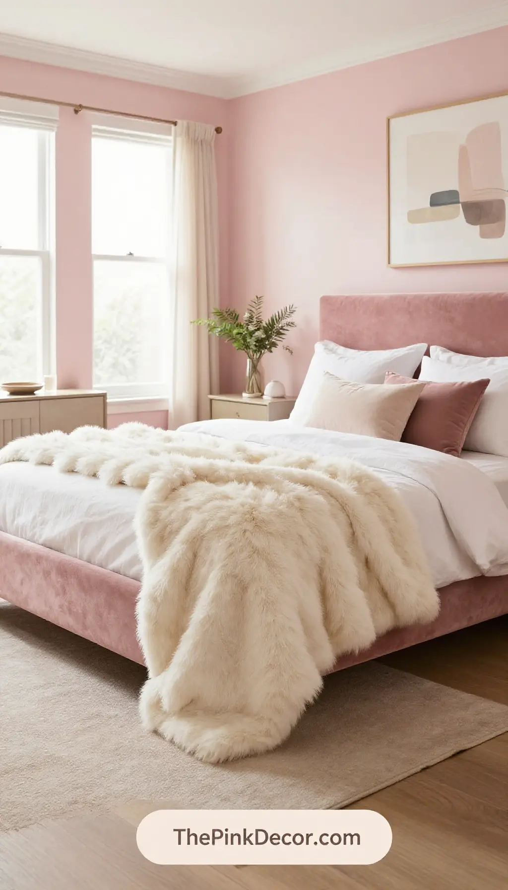 Complete Bedroom with pink decor elements and cream accents