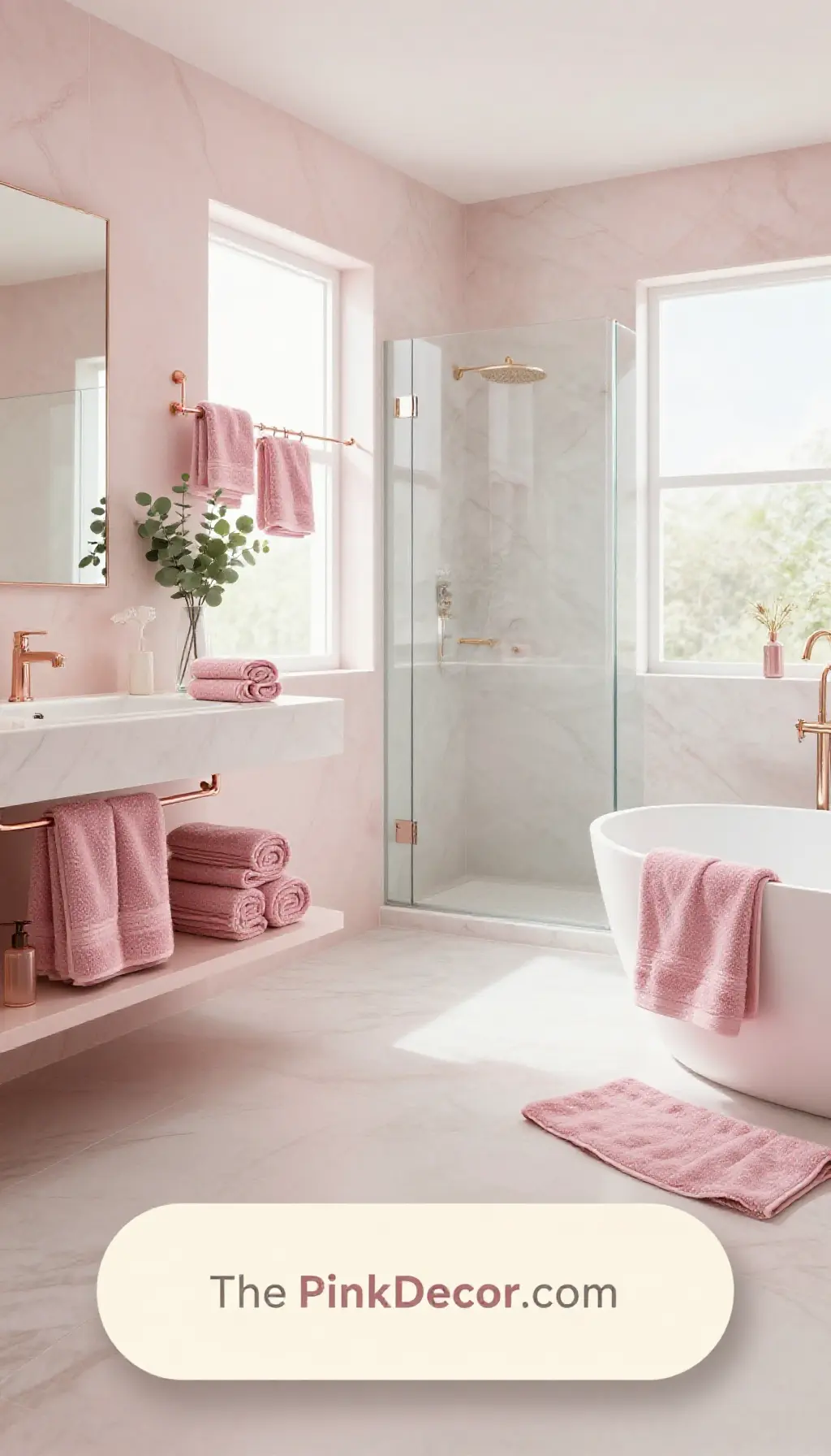 Complete Bathroom with pink decor elements and dusty pink towels