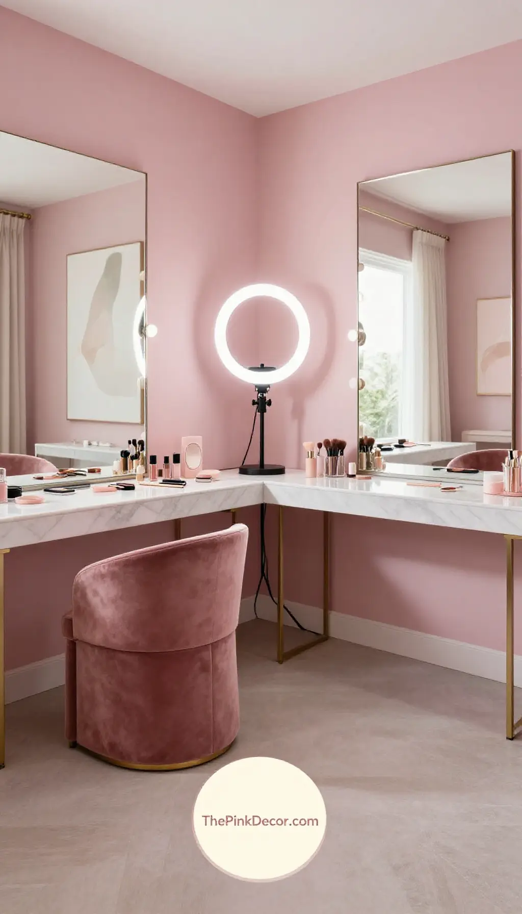 Complete Dressing Room with pink decor elements and a professional vanity setup